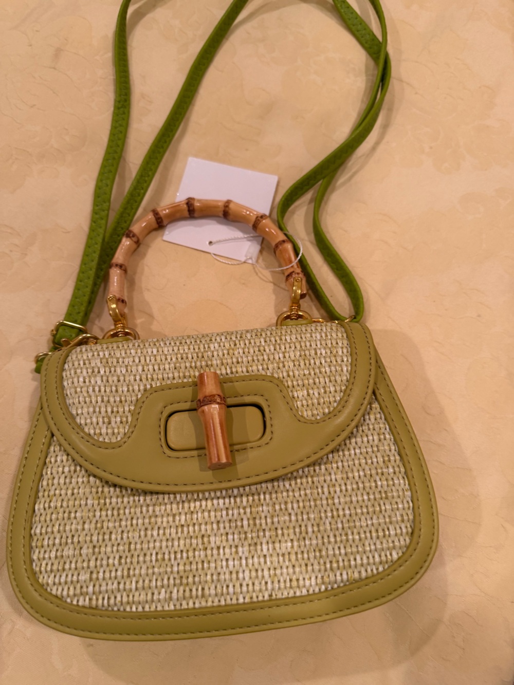 Stacey Bradley Green Woven Crossbody Bag with Bamboo Accent